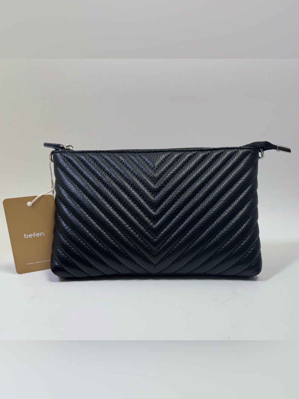 befen Genuine Black Leather Cheveron Quilted Wristlet Crossbody Clutch